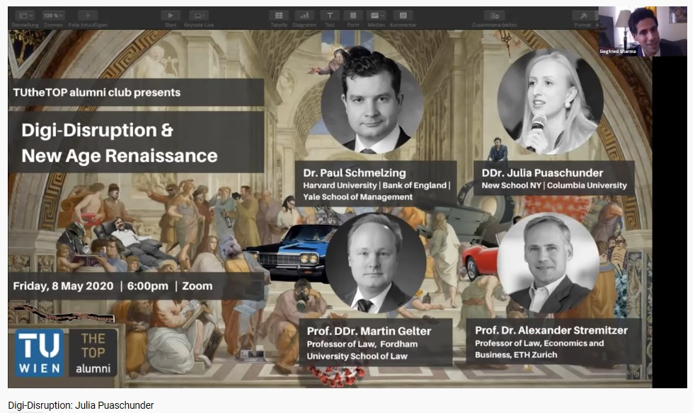 TUthe TOP Vienna University of Technology, Panel presentation, Digi-Disruption & New Age Renaissance, Professor DDr. Martin Gelter, Dr. Paul Schmelzing, Chair Professor Dr. Alexander Stremitzer, Julia M. Puaschunder