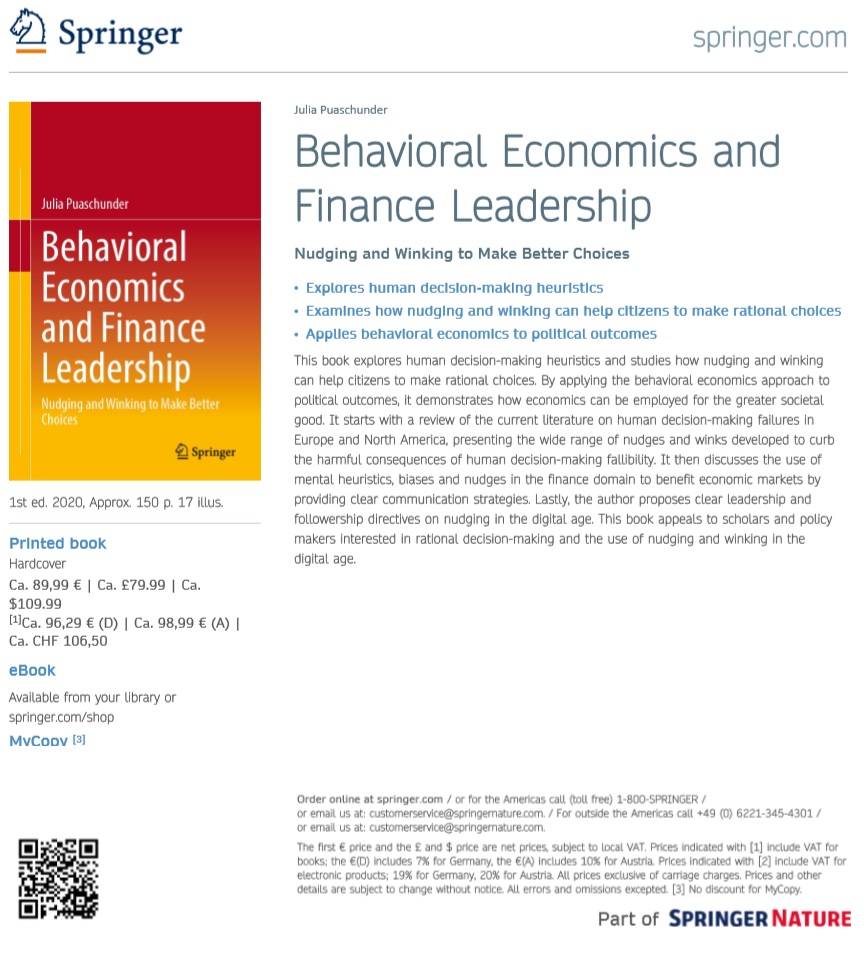 Behavioral Economics and Finance Leadership: Nudging and Winking to make Better Choices, 1st edition, Springer Nature, Julia M. Puaschunder, 2020